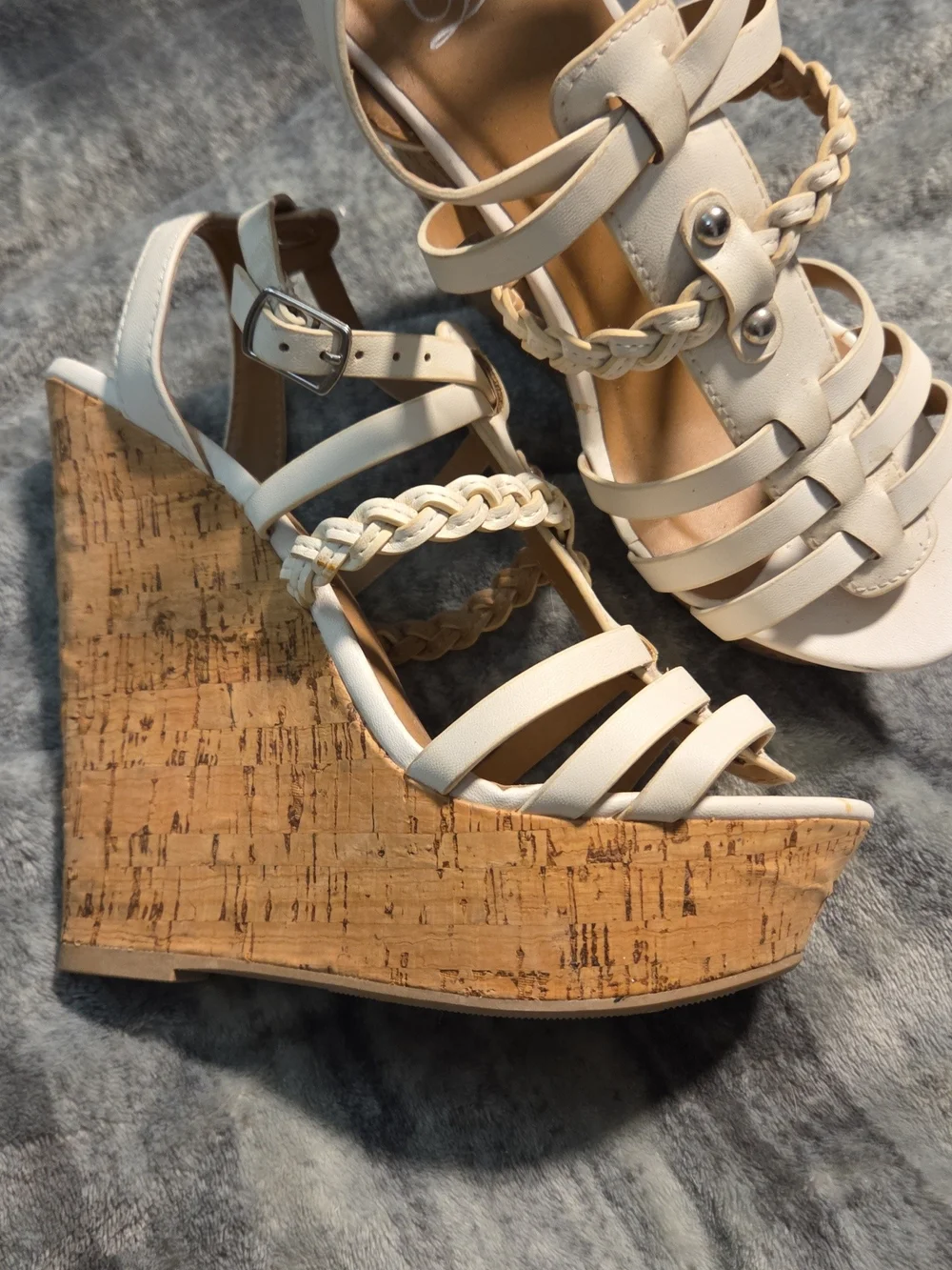 Delicious Cream Braided Strappy Cork Wedge Sandals